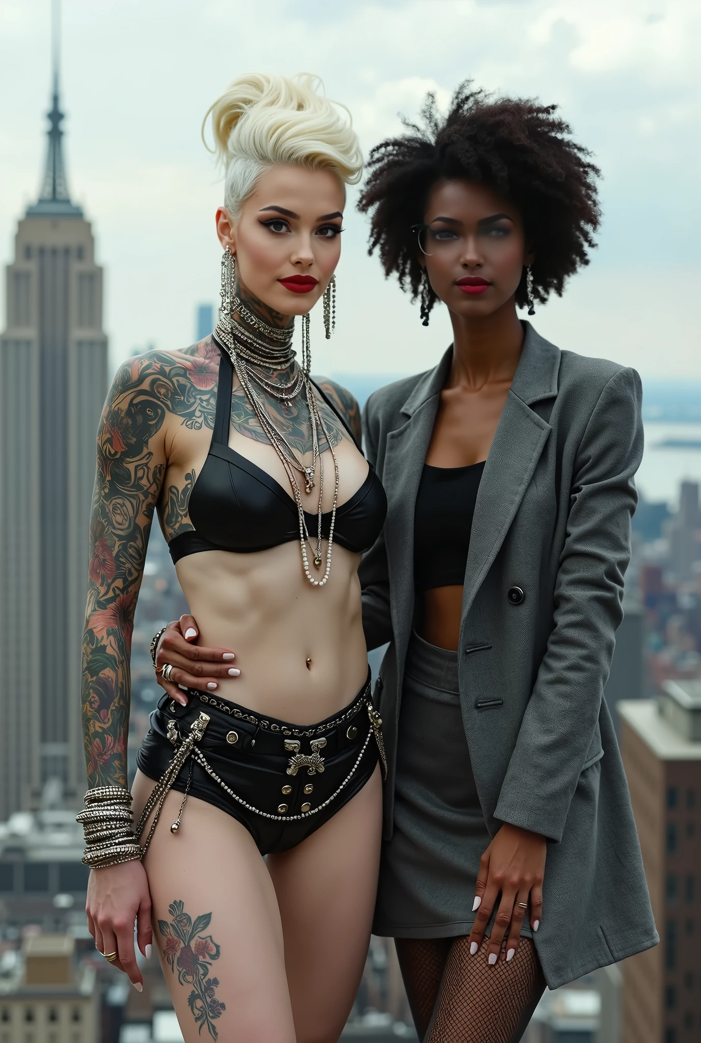Two russian old milf women: the dominant aggressive dark skinned black woman in business pinstripe suit (jacket and trousers), black heeled shoeslong nails and afro hair, standing up with separated legs and possessive stance showing off her new white girlfriend to the camera (arm around her girlfriends' shoulder squishing her tightly, and grabbing tightly the white woman arm with her other hand, like a predator on her prey). Next to her, her white rich drunk girlfriend looks at the camera (white woman is very pale: pale face, pale neck, pale chest, pale arms, pale hands, pale stomach, pale leg), white woman stretches her neck and looks at the camera feeling overwhelmed by her girlfriend. white woman leans on her girlfriend , feeling dizzy and needy. white woman is being seduced. White woman stands up with separated legs, White woman"s body is twisted and unstable, the hands of white woman are in her pockets. with hands on her belt. White woman dresses in rock chic style: Black skinny leather low rise jeans with white seams, platinum blonde hair (pouf, top bun, wide colourful bandana as headband) and oversized square sunglasses as headband. Big lips with no makeup. Black studded leather push up bra with white seams, big breasts. Barefoot.. Lots of thick wide studded bracelets in the wrists of the white woman, big pearl necklaces around the neck of the white woman, and big rings, Pearl earrings. Wide loose studded belt with big solid buckle. Loose chains and studded belts around the hips of the white woman. White woman is lazy, leaning on her girlfriend.. The white woman is densely tattooed on neck, tattoed chest, tattoed arms, tattoed stomach, tattoed legs, wrists and feet. White woman has well Toned abdominals, thin neck, slim legs and thin arms. White woman has Narrow hips and noticeable tigh gap. The body of the white woman is twisted in a lazy posture. Full body. On a narrow street with graffitied walls