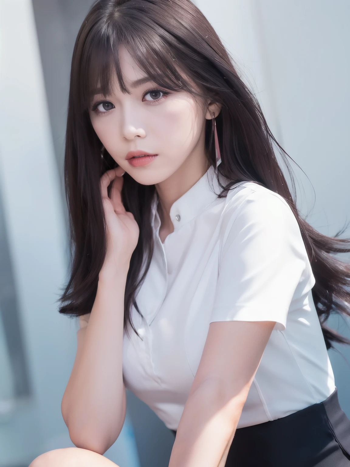 ((photorealistic:1.3)),((ultra detailed)),((sharp:1.5)),1woman,28yo,(( solo)), black hair, long hair, original, realistic, looking at viewer, upper body, shirt, white shirt,lips, brown hair, parted lips, photo-referenced, real life, simple background, no makeup, pink lips, blue background, grey background, looking to the side, lipstick, dress,shadow, parted bangs.((8K)),((upper body)),((slender)),wearing white brause
