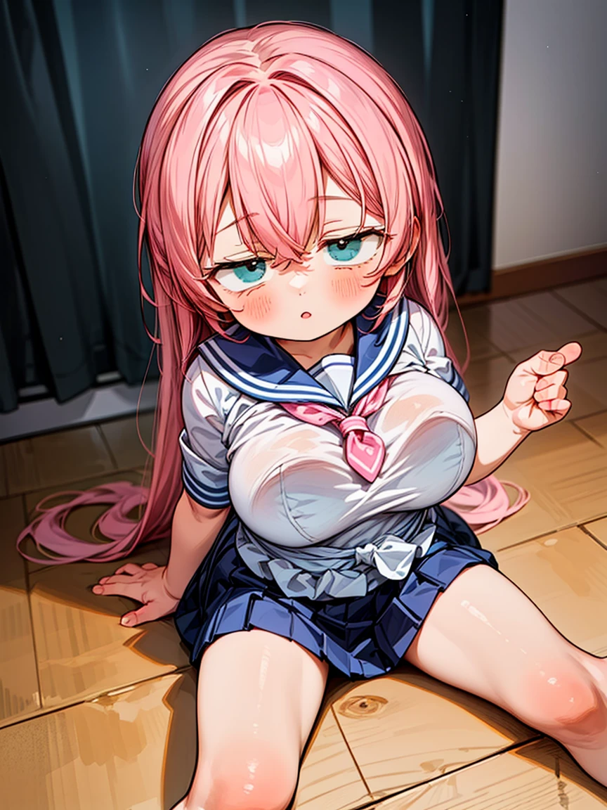 1 girl,half closed eyes,blush,heart-shaped eyes,pink hair,blue eyes,two side up,shoulder,good,evil children,school sailor uniform,nsfw,pov, 1boy, (handjob:1.4), veiny penis,(cuddling handjob:1.3),(cum on breasts:1.1),(cum on face:1.1),projectile cum,tongue out,open mouth,
