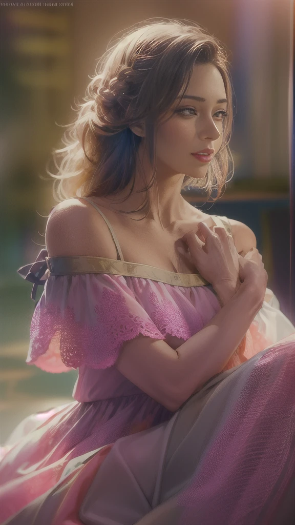 a beautiful woman in an off-shoulder summer dress sitting on a man's lap, the man's hand inside her dress, the woman embracing the man, the woman is slender, 1 girl, 1 man, intimate, romantic, cinematic lighting, high quality, 4k, detailed, photorealistic, dramatic composition, warm color palette, 