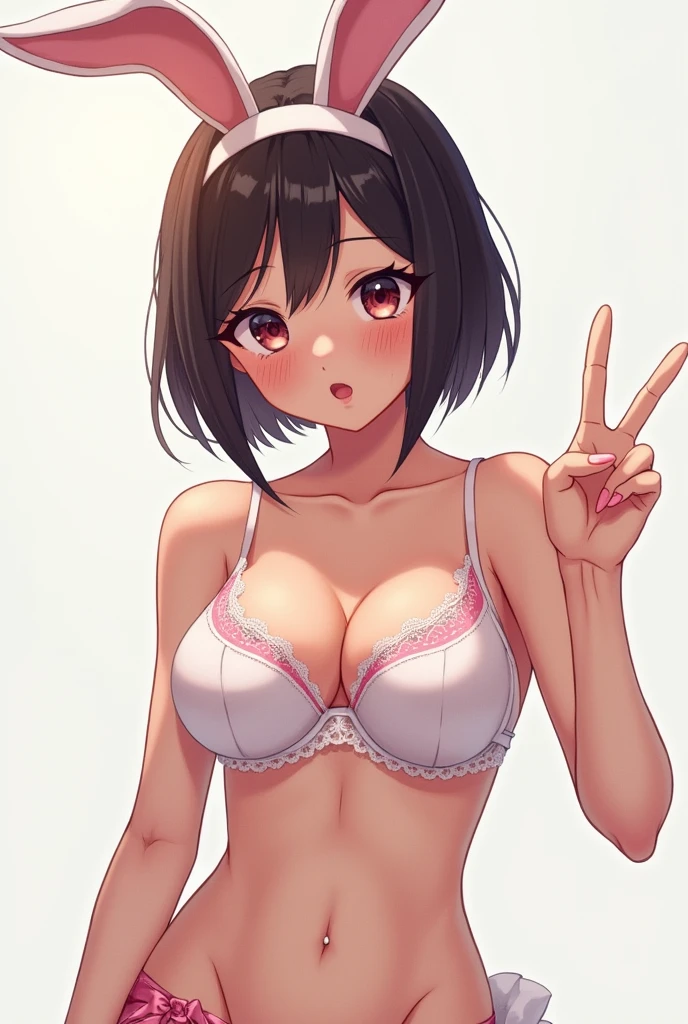 (nsfw:1.2), (black bra:1.5), 1girl, kobeni higashiyama, black hair, hair ornament, hairclip, mole, mole under eye, ponytail, short hair, (brown eyes:1.5), (Teary eyes:1.5), (double peace sign:1.5), ahegao, blush, sweat, open mouth, rolling eyes, tears, tongue out,
BREAK black pants, business suit, formal, long sleeves, pants, suit,
BREAK indoors, office, BREAK looking at viewer, (closeup shot:1.3),
BREAK (masterpiece:1.2), best quality, high resolution, unity 8k wallpaper, (illustration:0.8), (beautiful detailed eyes:1.6), extremely detailed face, perfect lighting, extremely detailed CG, (perfect hands, perfect anatomy),