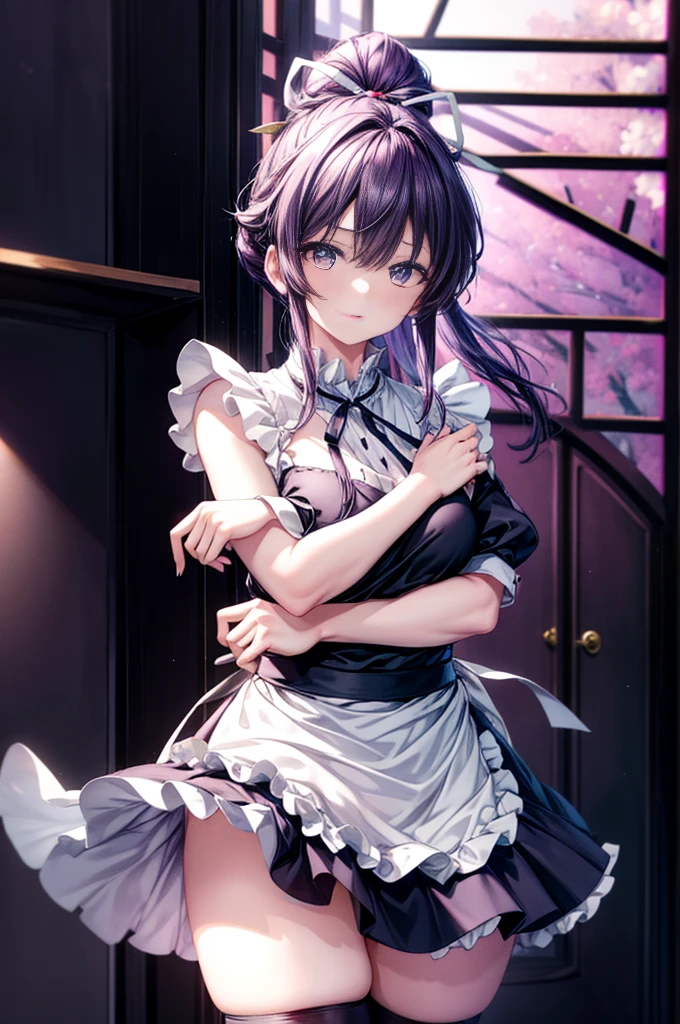 kaorikanzaki, kaori kanzaki, long hair, ponytail, (purple eyes:1.1), purple hair, ribbon, hair ribbon, bare chest,break apron, black ribbon, black skirt, black sleeves, removed collar, removed sleeve,embarrassing,mouth open,angry,frillsエプロン, frilled skirt, frills, head wreath, long sleeve, maid, miniskirt, neck ribbon, purple ribbon, ribbon, ribbon trim, ribbon-trimmed sleeves, roswaal mansion maid uniform, short hair, skirt, Thighhighs, waist apron, white apron, white Thighhighs,arms crossed,
break looking at viewer, Upper body, whole body,
break indoors,coffee shop,
break (masterpiece:1.2), highest quality, High resolution, unity 8k wallpaper, (figure:0.8), (detailed and beautiful eyes:1.6), highly detailed face, perfect lighting, Very detailed CG, (perfect hands, perfect anatomy),