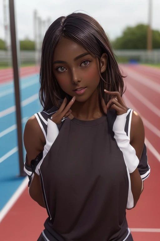 (((( one girl )))), Put your hand over your mouth、Beautiful breasts、 Brown eyes, ((Gal Hairstyles)) blonde, girl, (Eye and facial details:1.0), break, (masterpiece, Highest quality, Very detailed, Detailed face, 8k),( dark skin:1.9 ), (((( track and field uniform )))),( open mouth )