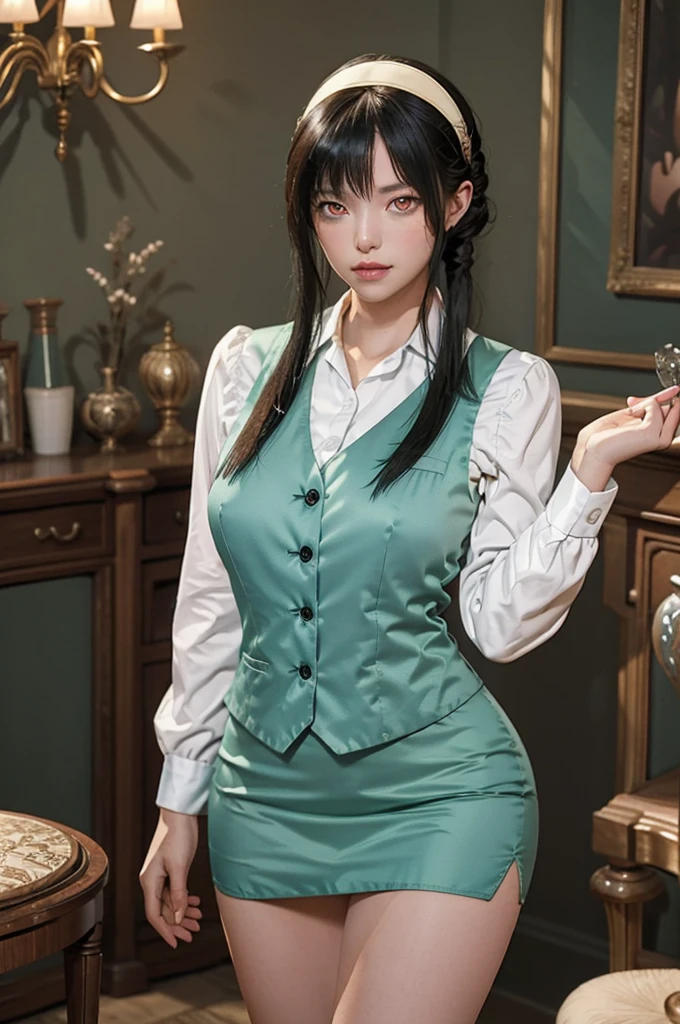 yor_briar, 1girl, white hairband, ((twintails, sidelocks)), black hair, ((red eyes)), green vest, white shirt, long sleeves, green pencil skirt, thighs, upper body, standing, (cowboy shot,realistic, photorealistic), (masterpiece, best quality, high quality), (colorful),(delicate eyes and face), volumatic light, ray tracing, extremely detailed CG unity 8k wallpaper, indoors, living room, shelf, chandelier, sofa, ((luxury decorations))