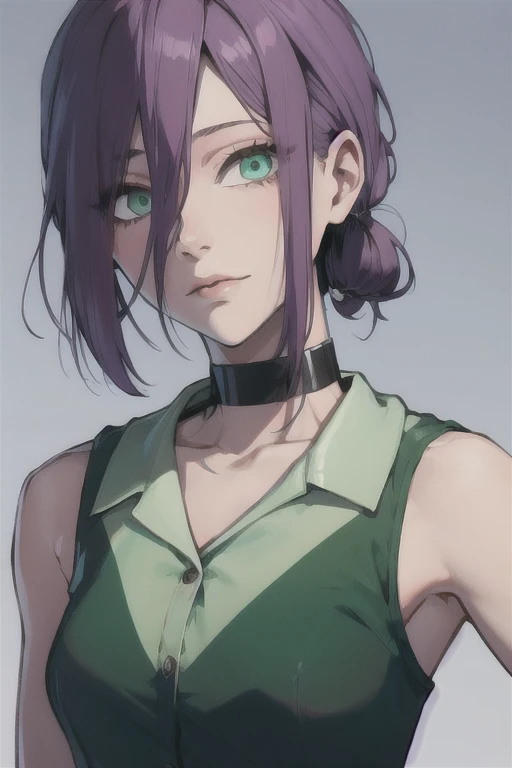 (Highest quality)、(Highest quality)、cut、Chainsaw Man、cute、(choker).eyes are emerald、Her hair is purple、Short Bob、whole body、detailed、強力なdetailed、cut、((envy)).