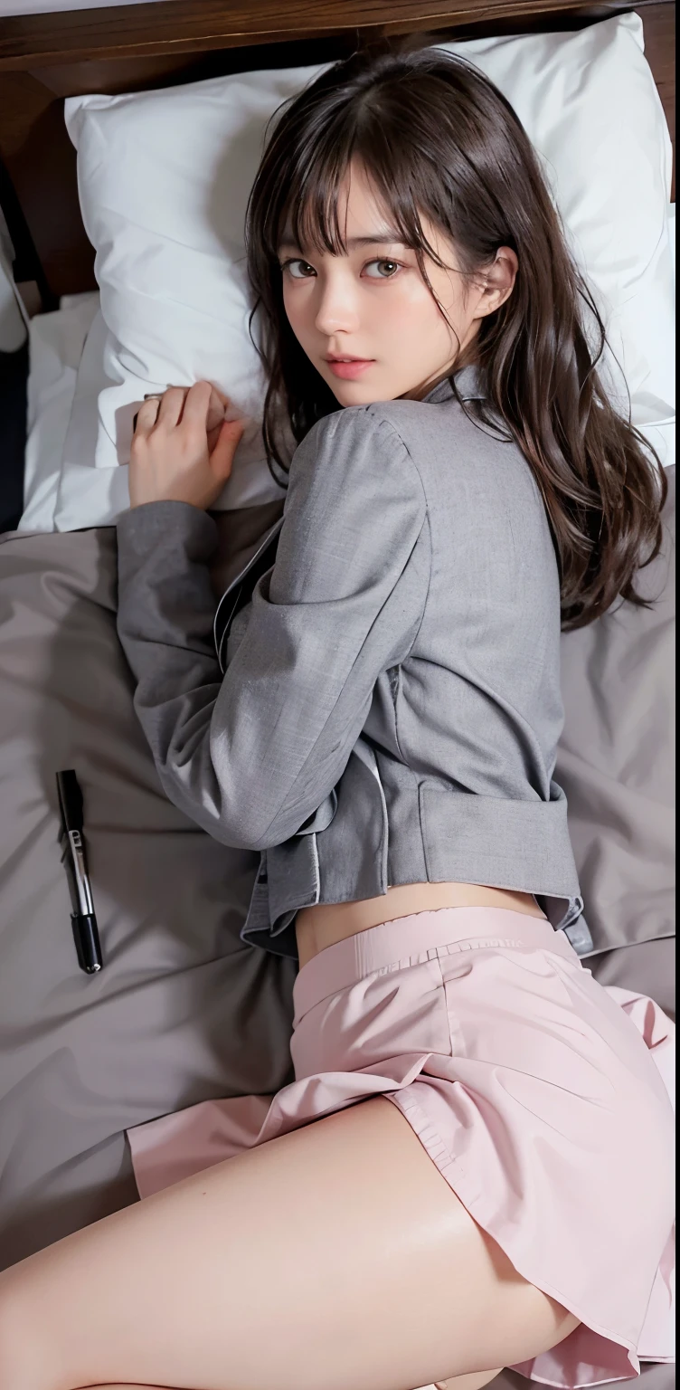 ((highest quality、table top、8k、best image quality、very intricate and detailed details))、1 female、lying on the bed、(Please sleep on your back:1.3)、(supine position in bed:1.3)、(lying face up on the bed:1.3)、(Shooting the upper body from directly above:1.3)、(perfect anatomy:1.3)、(look at me perfectly、slightly narrowed eyes、perfect eyes、expression of climax :1.3)、(Skin shiny with sweat、perfect sweat、wet and shiny skin:1.05)、(dark night、romantic lighting、slight night light illumination、late night bedroom)、、((( upskirt and Showing panties))),detailed panties,detailed frilled panties showing, 、tall、Brown hair、,sweat,wet skin,((1boy)), beautiful, masterpiece, best quality, extremely detailed face,perfect lighting,penis, (((sex))), , 8k uhd, dslr, soft lighting, high quality,detailed skin,blurry,(cross-eyed:1.2),(((woman is wearing gray jacket and tight skirt)))、, 、tall、Brown hair、,sweat,wet skin,((1boy)), beautiful, masterpiece, best quality, extremely detailed face,perfect lighting,penis, (((sex))), , 8k uhd, dslr, soft lighting, high quality,detailed skin,blurry,(cross-eyed:1.2),fullbody,((gray jacket tops and tight long skirt)),from behind,(((pink slim and tight long skirt))),(((pencil skirt)))