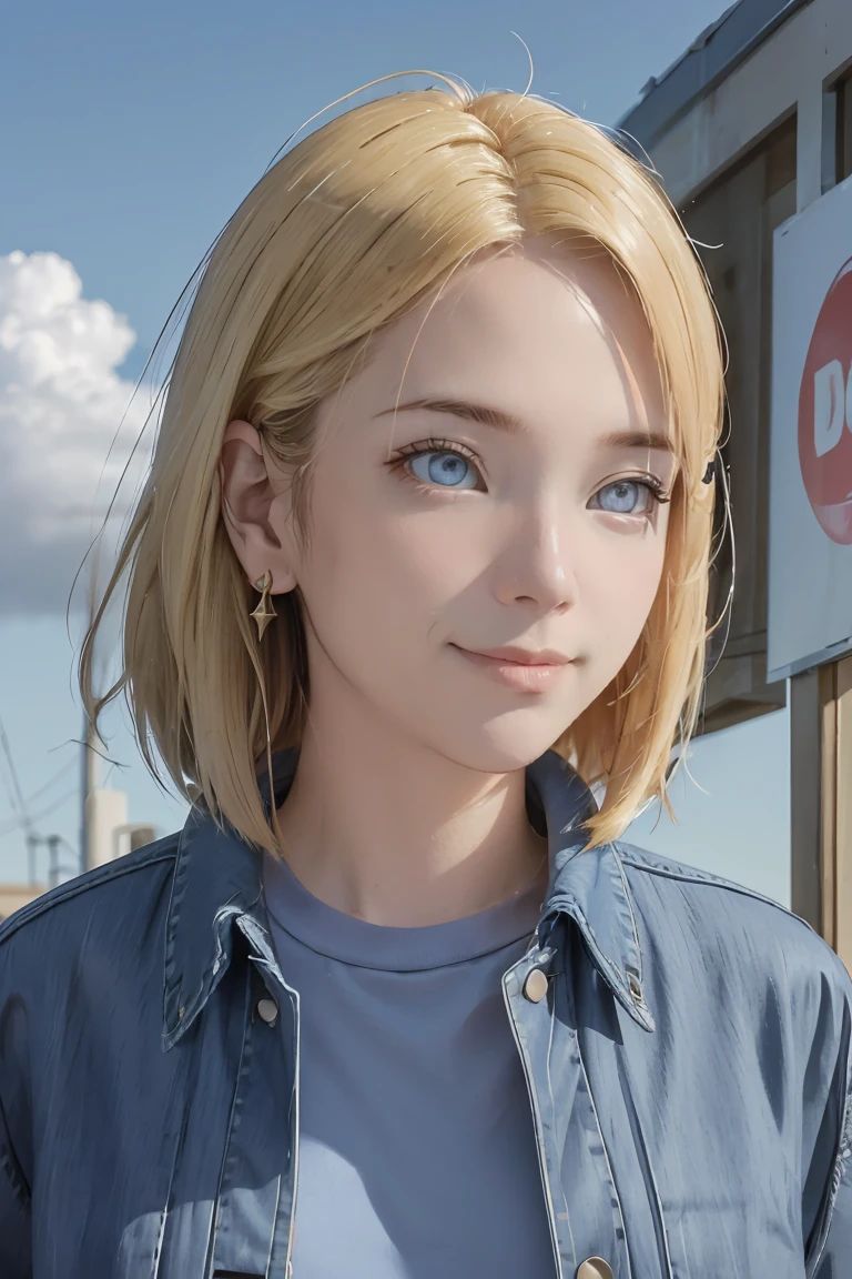 1 girl, alone, Android 18, blonde hair, blue eyes, short hair, decorations, earring, smile, jacket, look to the side, Denim, Denim jacket, upper body, underwear, gag, cloud, sky, day, look away, blue sky, collarb one,