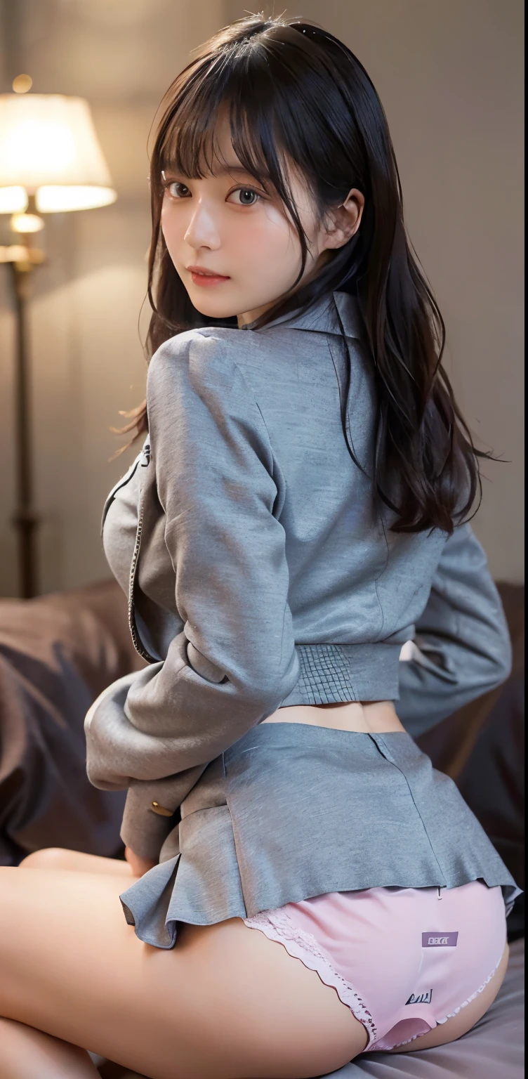 japanese beautiful woman,Ultra detailed skin,Ultra-fine,toView,Brown-eyed,drooing eyes,high detailing,(short-haired with bangs:1.2),(Photorealsitic:1.4),(Top image quality:2.0),(超A high resolution:1.0), (masterpiece:1.5),(pureerosface:1.5),big eye,Dynamic lighting,the skin is wet,Bright pink and sparkling lipstick,White and beautiful skin,Glossy satin fabric pajamas,trouser,20yr old,posterior view,sitting on,turned around,s ass,sexypose