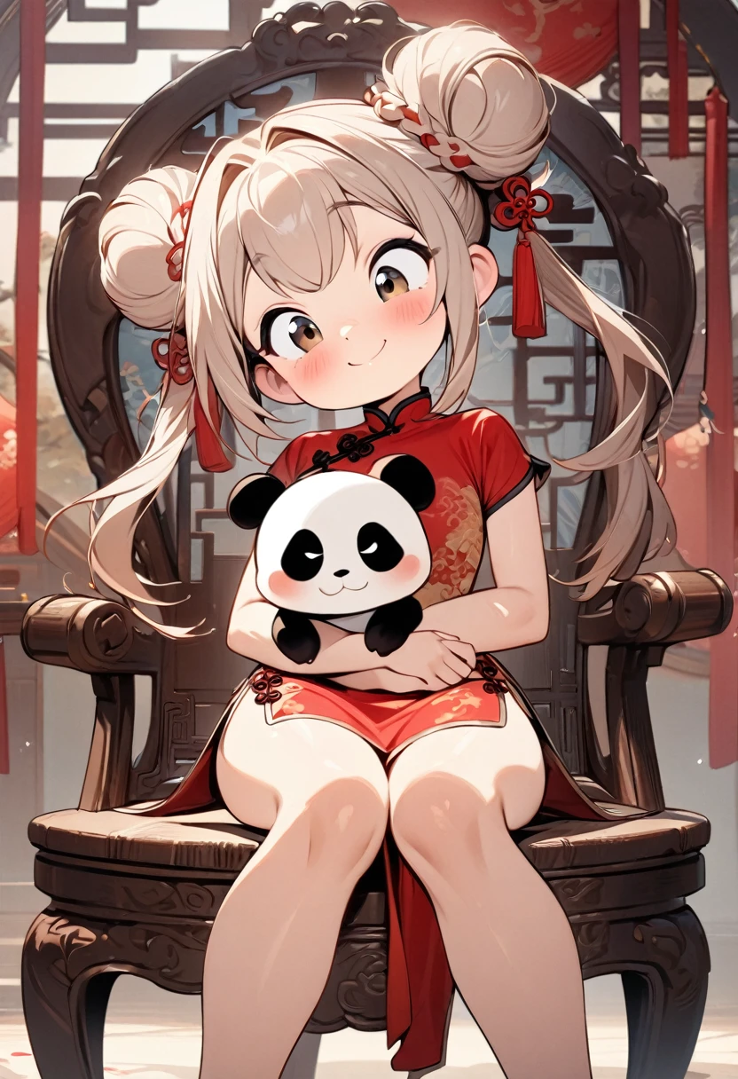 (masterpiece, Highest quality:1.2), Cartoon style character design, 1 girl, alone，Big eyes，Cute expression，Smiling, Two buns hair，China dress，sit on an antique chair, Little panda on lap, (The interior is decorated in a Chinese style with red and vermilion as the main colors.)