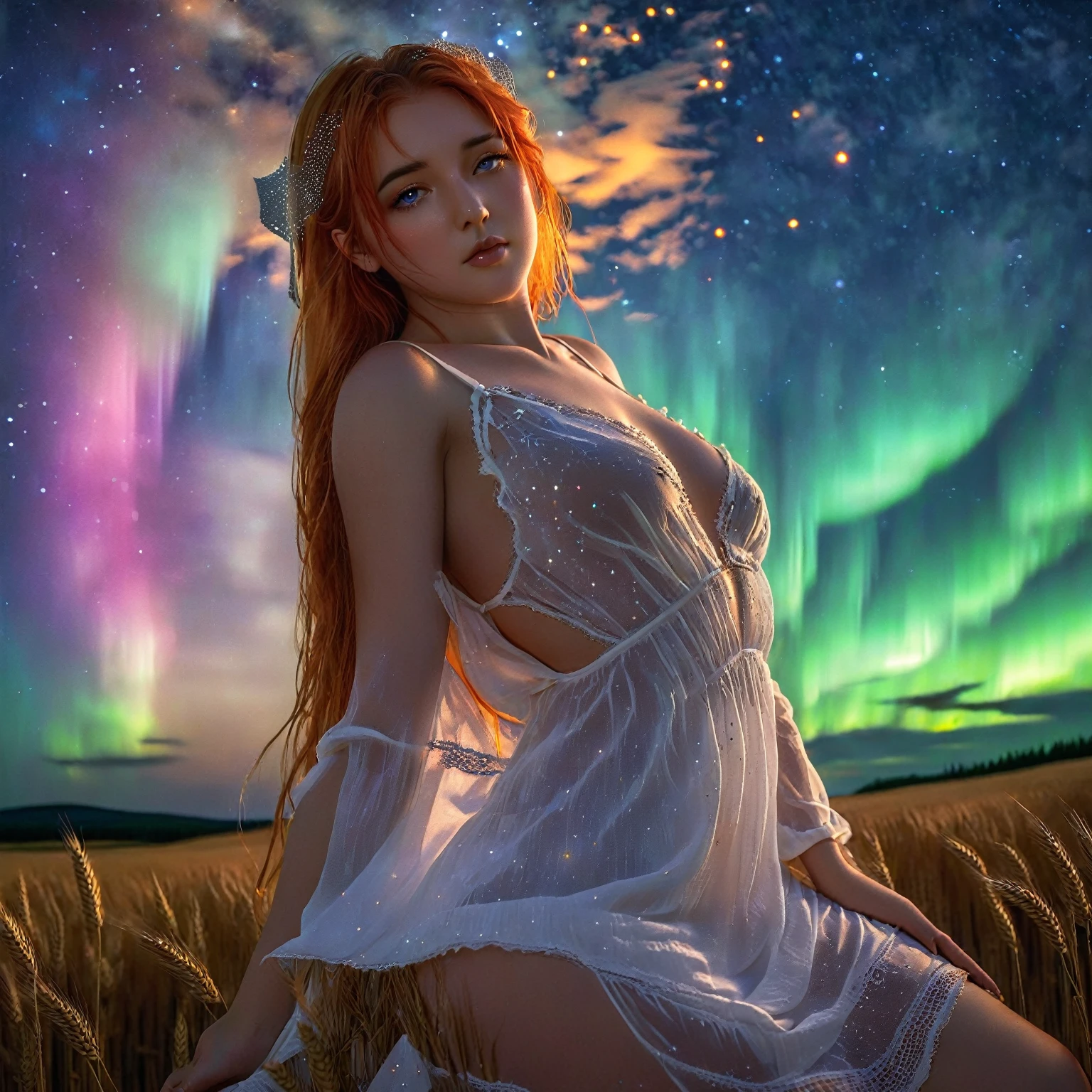 1 girl, alone, long orange hair, night sky. Revealing white dress, curvy body, beautiful face, scarlet eyes. at night, starry sky, sky with northern lights. wheat background. shy, thoughtful. attractive woman, white lingerie dress. look towards the sky.