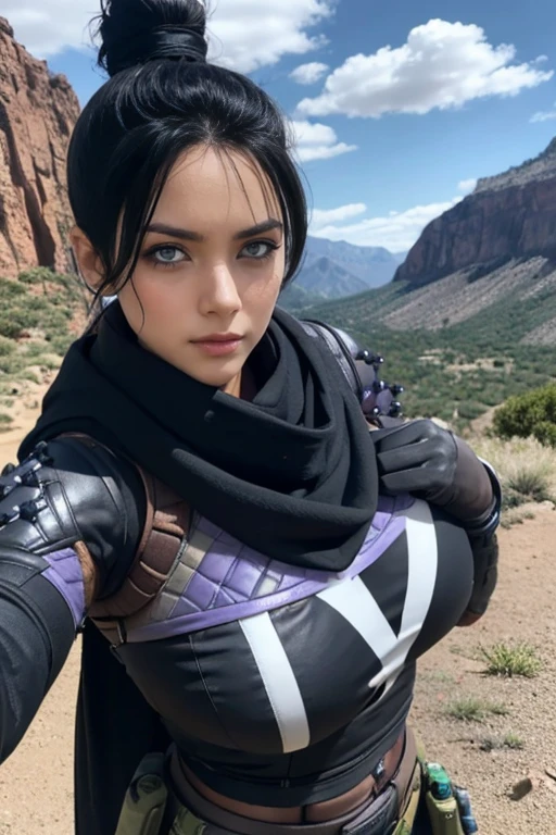 Foto de corpo inteiro, wraith (apex legends), Breasts huge, athletic body, 1 girl, solo, hair bun simples, hair bun, scarf, holding, breasts big, Bblack hair, black scarf, breasts big, blue colored eyes, bangss, bangss distributed, Hair behind the ear, mitts, piercing no nariz, mitts pretas