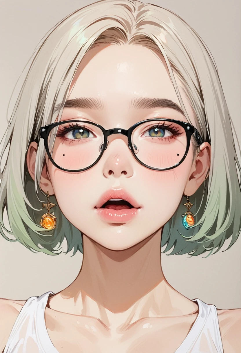 (masterpiece, Highest quality:1.4), 1 girl, solo, Anime Style, Dark grey pupils, Blurred vision, Laugh with a pointed lip, Bow your head a little, Black-rimmed glasses, Large scars on the face, Large scars, right tearful mole, Grey bald head,, Super Short Hair, Simple accessories, Top Portrait Artist Styles, Large Breasts, vision, Gray background.