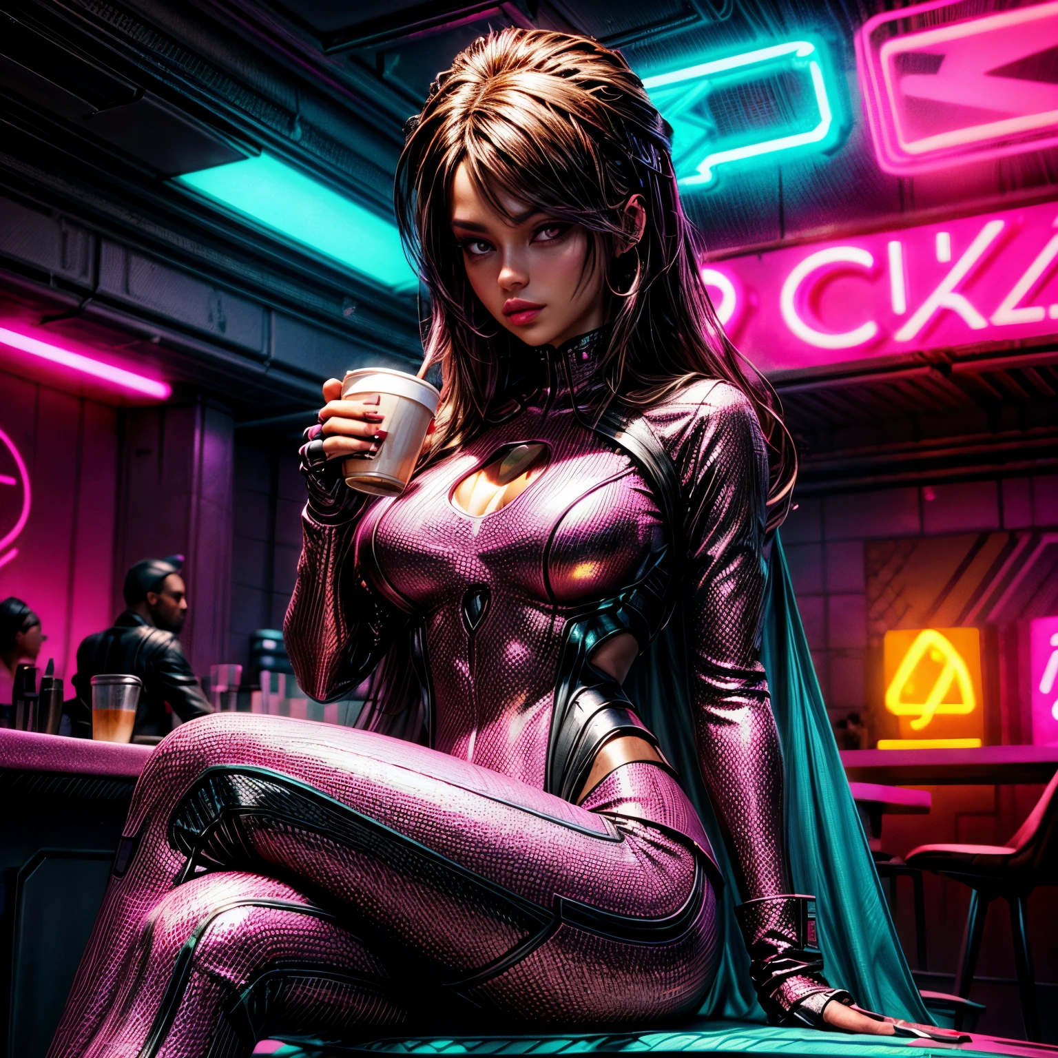 full view of a very beautiful latina futuristic style character sitting at a coffee shop with a huge neon sign that says "ALGORAND", enjoying a cup of coffee, in the style of cyber punk surrealism, magenta and gold, superheroes, i can't believe how beautiful this is, rap aesthetics, album covers, bryce 3d