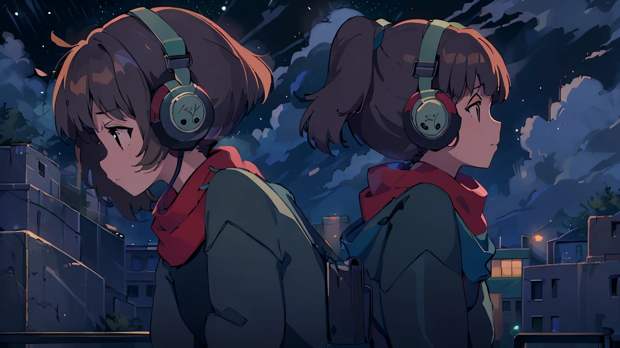 masterpiece, best quality,  1girl, solo, brown_hair,ponytail,headphones,green sweater,blue pants,red scarf, night, muted colors, monochrome, upper body, pixel art, night sky, clouds, profile