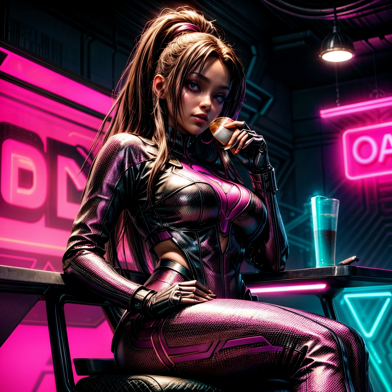 full view of a very beautiful latina futuristic style character sitting at a coffee shop with a huge neon sign that says "ALGORAND", enjoying a cup of coffee, in the style of cyber punk surrealism, magenta and gold, superheroes, i can't believe how beautiful this is, rap aesthetics, album covers, bryce 3d