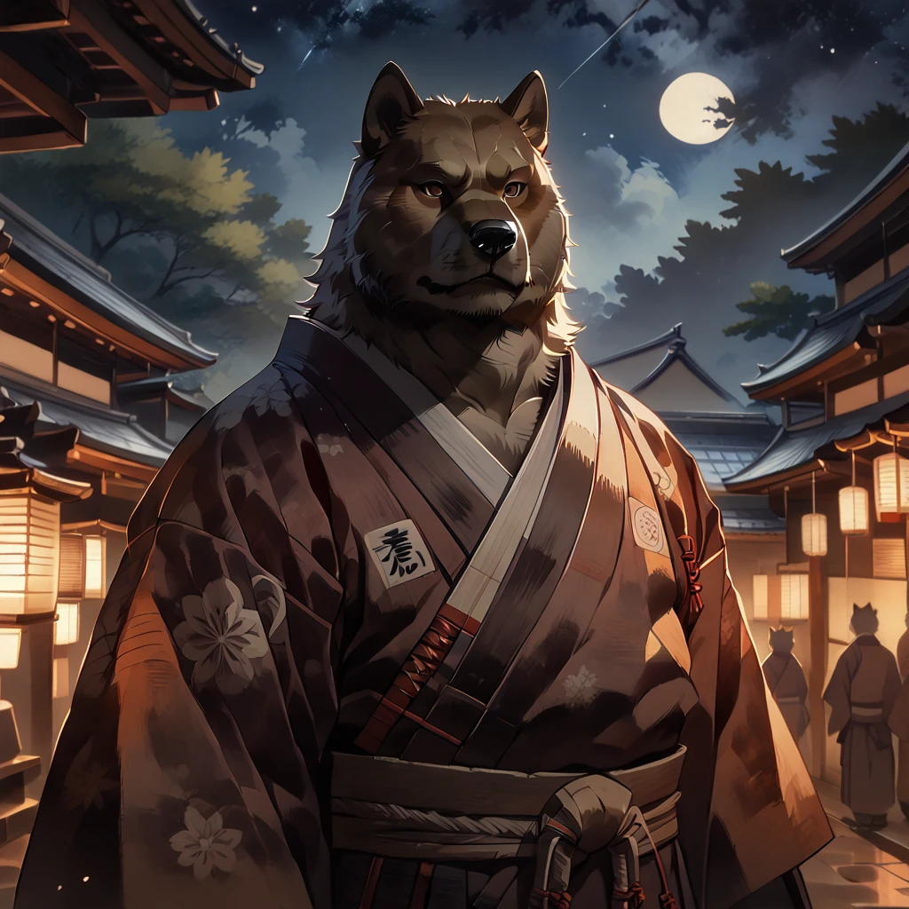 ((whole body)), (samurai), ((plump middle-aged akita 
inu man)), standing, arms rised in the air, ((brown eyes)), one eye closed, beautiful beard, (male face), (big face:0.5), square jawline, (Male Eyes:1.2), (sharp eyes:0.8), (big eyes:0.5), male eyebrows, (innocent look:0.5), fluffy body, BREAK starry sky, kyoto, highly detailed,