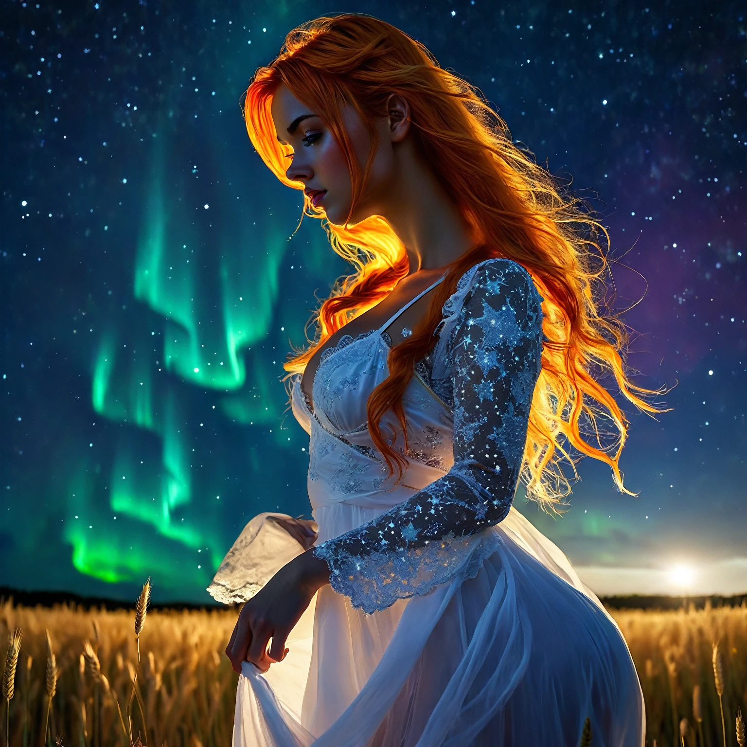 1 girl, alone, long orange hair, night sky. Revealing white dress, curvy body, beautiful face, scarlet eyes. at night, starry sky, sky with northern lights. wheat background. shy, thoughtful. attractive woman, white lingerie dress. look towards the sky.