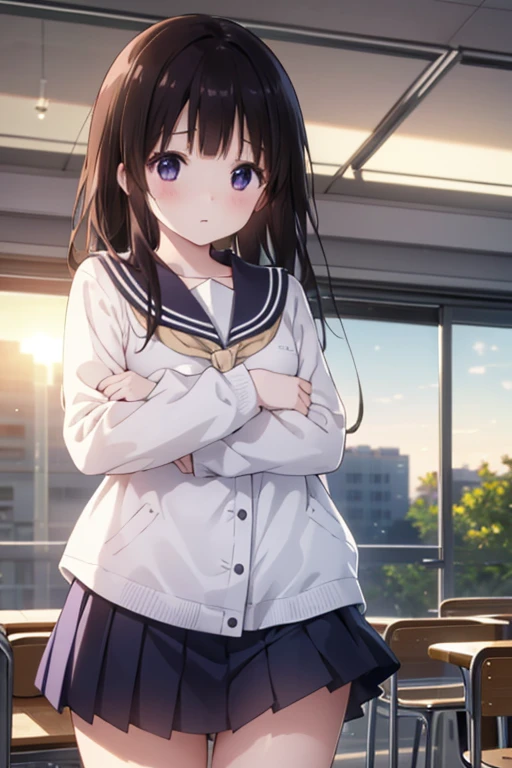 masterpiece,1girl,,blush,sunset,classroom,(Good luck) clenched hands, looking up viewer chitanda eru,shiny eyes,close up,longhair，whole body，Sailor suit，mini skirt，whole body，Navy blue sailor ribbon，Leaning forward pose，Bra is visible