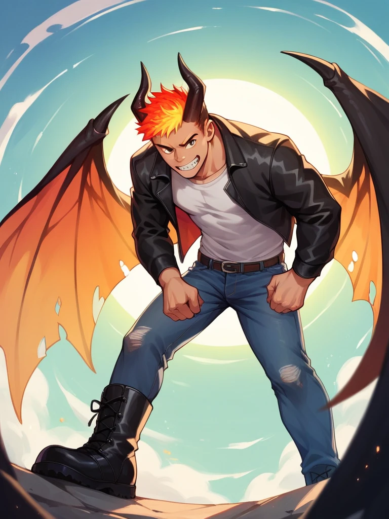 A young boy with devil-like wings is wearing a hero suit,Mouth wide open with expression of pain,Sweating and drooling profusely,Semen dripping from his huge erect penis,A strong, well-trained body like a bodybuilder,A large amount of ,Orgy,self-sucking