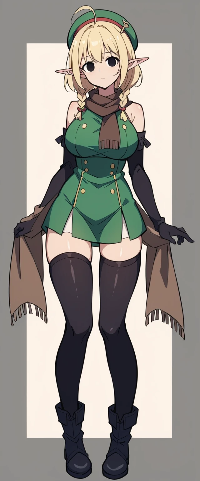 Elf、1 female、women only、short hair、twin braids、ahoge、blonde、(thin)、Big Breasts、Tall、empty eyes、black eye、Black elbow gloves、((black thigh highs))、Small black beret、Brown scarf、Green dress、Brown boots、((full body))、whole body、Are standing、thin太もも、shoulder、belly button、isekai、fantasy、front