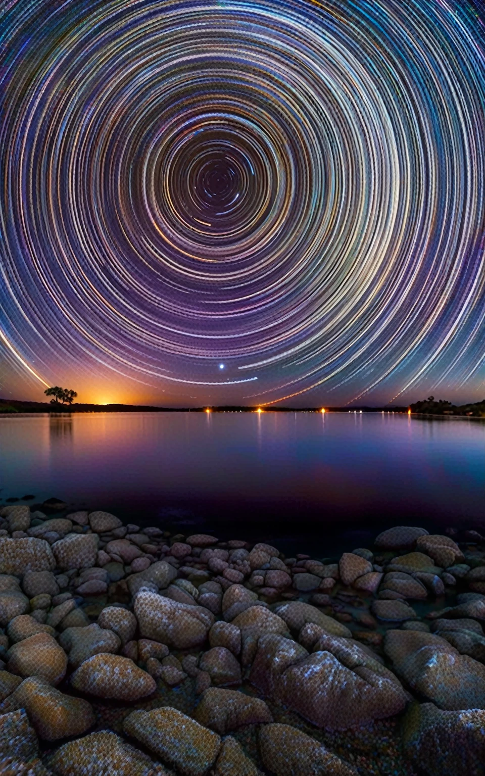 Star Trails, Night Sky, Long-term contact, Circular star pattern, astronomy, rock, Calm Water, Reflection, Colorful Sky, Scenery photography, natural scenery, outdoor, silence, Calm atmosphere, Low light, Wide-angle lens, Clear skies, Clear outlook, Deep Depth of Field