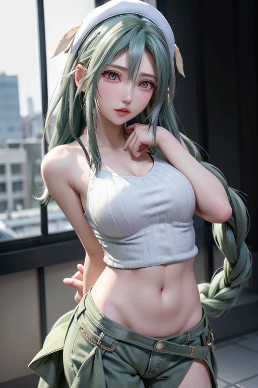 8K, Top Quality, Intricate Details, Ultra Detail, Ultra High Resolution, Masterpiece, close up shot, (full body: 1.1), Slender, Smile, (Makeup: 0.4), (walking), (Fluffy Eyes: 1.21), ((bangs)), 1girl, solo, 1 girl, (((purple eyes, green hair, bangs, long hair, high ponytail , )), (()), close up shot, , ((tall)), (((fit body))), (((slim face))), sharp face, (( any dress)) , (detailed face), sharp face, small lips, ( walking), walk pose, walking pose,
((,, )), , ((,)), detailed face, detailed breast, large breast, huge breast, (( )), detail ass, Narrow Waist, Skinny, tall , 175 cm tall, Muscular, Navel, Exposed Abdomen, Pointed Chest,, Beautiful girl with accentuated slender abs: 1.4, Six Pack Abs: 1.4,, Perfect Body, detail leg, (( dark background)), black background,
