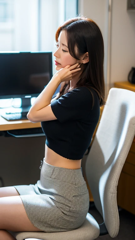 (Black tight turtleneck:1.4、(black pleated mini skirt:1.4、flare skirt)、(Black Stockings:1.2、Wearing pantyhose that reach above the knees)、(the visible part of someone's thighs between their skirt or shorts and their knee-high socks:1.34、Absolute area))、(Realistic、Like a photograph、Live Action、8K, Photorealistic, RAW Photos, Best image quality: 1.4), Single-lens reflex camera、RAW Photos, Highest quality, Realistic, Highly detailed CG Unity 8K wallpaper, Written boundary depth, Cinematic Light, Lens flare, Ray Tracing, Realistic background、((Ultra-dense skin))、 1 female,Cute busty Japanese woman、Japanese office lady at work、((whole body:1.5),View the computer:1.1、Short Ponytail:1.2、I like that style、Stylish、Very detailed、Pay attention to the details、The perfect outfit、(Dark Skin)、Beautiful legs:1.1,Sitting in a chair、Side view、Accurate hands、Accurate legs、Detailed hand and fingers、Anatomically correct body、Thin thighs、High heels