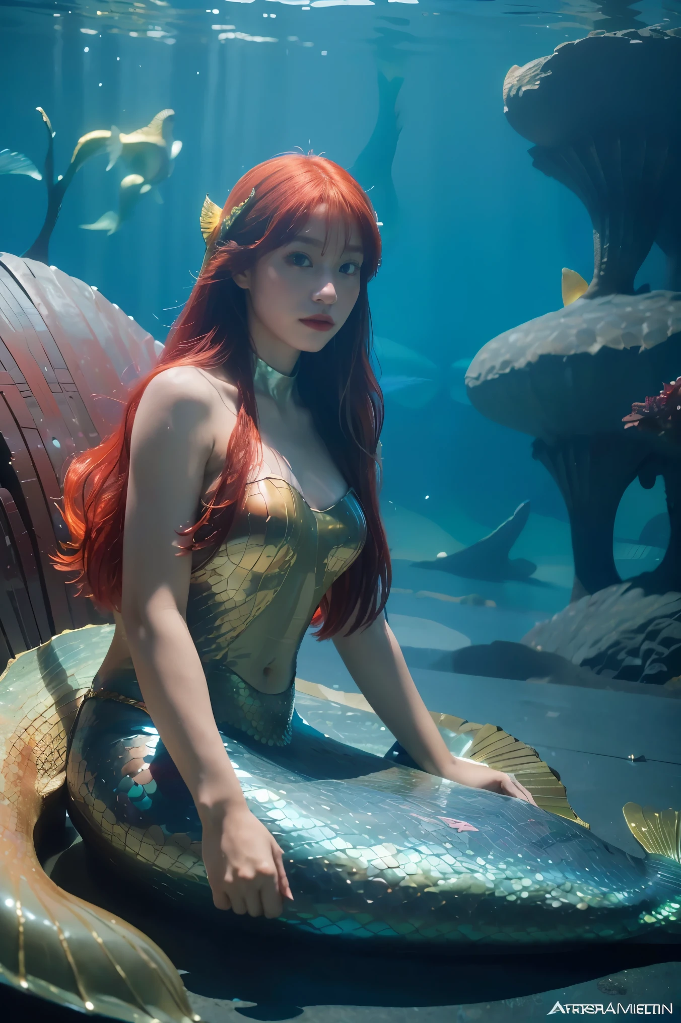 ((Masterpiece, best quality, very detailed), Volumetric light, surrounding occlusion, colorful, glow), 1 girl, alone, young girl, (red hair), long hair, goddess, cybersuits, (Mermaid design:1.3), coral, under the sea, castle, Atlantis,  (Cyberpunk theme:1.2), (((The Little Mermaid))). Ariel, 