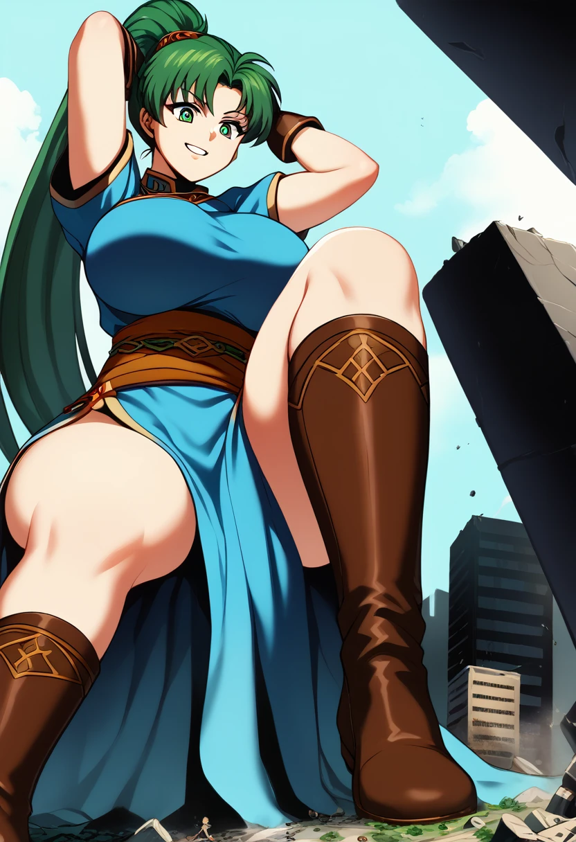 8K, ultra-detailed, detailed face, detailed eyes, retro anime style, cartoon style, front view, dynamic effect, dynamic shot, full body, 

athletic curvy physique, inverted body type, attractive feminine curves, big breasts, curvy legs and arms, feminine curvy figure, (thick thighs, thick calves, thick voluptuous legs, big curvy hip, bare knees), ((style of plump voluptuous body)), 

 brown over-the-calf boots, brown elbow length gloves,
green high ponytail hair, red glowing eyes, 

1 beautiful giant woman, looking down with evil smile, smirk, (elegantly sitting on building, crossing legs, crossed legs, cross-legged, looking down people around her foot, arms up behind head, size difference), rampage, corrupted city, destroyed buildings, corrupted buildings, rolling rubble dust up, her foot crushing mini people on the ground, crushed mini people under her foot, towering, overwhelming, terrible, destruction, ruins, with tiny people, GTS, BuildingSeat,

giga size, defLyn, green hair, high ponytail, blue dress, short sleeves, sash, side slit, fingerless gloves
