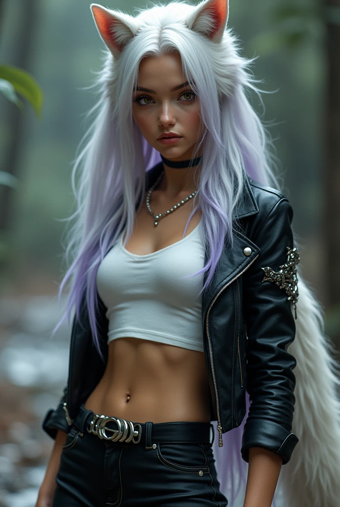 A woman with long straight white hair with green tips,I want a flower on one breast and another flower on the other breast,  will wear a white fur coat to cover himself and will wear a furry white and black boot,she will wear a green crocodile leather mini skirt,she will do a model pose,I want her to be beautiful, with the face of a serious model,she will be in the middle of an enchanted garden
