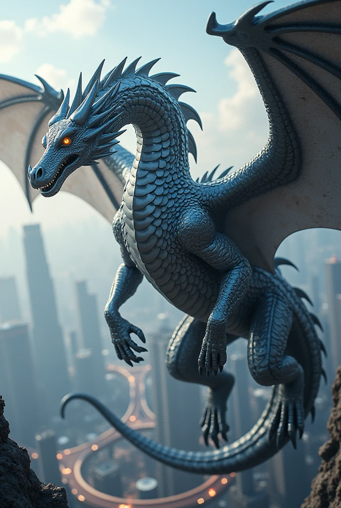 A highly realistic, massive dragon suddenly appears in the middle of Tokyo, towering over the skyscrapers and city streets. The dragon's scales are intricately detailed, reflecting the light as it glares menacingly down at the city below. Its wings are spread wide, casting shadows over the buildings, while its sharp claws grip the top of a skyscraper. The dragon's fierce eyes are locked in an intense stare, filled with raw power and intimidation. Smoke curls from its nostrils as it snarls, creating a dramatic and terrifying presence amidst the bustling cityscape of Tokyo. The contrast between the modern urban environment and the ancient, mythical creature adds to the overall sense of awe and tension."