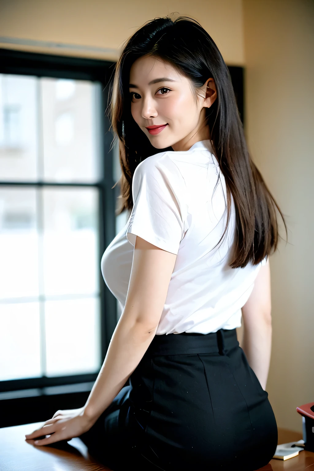 (High reality photograph, high resolusion, detailed face, detailed eyes) Skinny Japanese lady, 30 years old, cute face, various face expression, various hair style, skinny figure, small breasts, very thin waist, in a japanese room, wearing tight shirt and skirt, raise both hands up