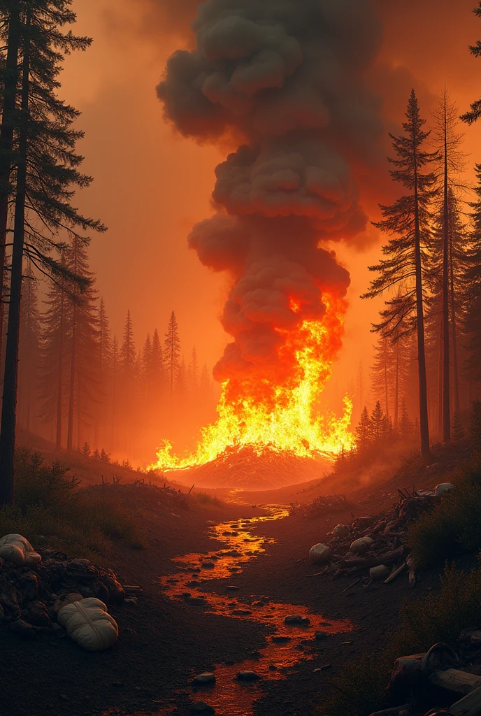 Masterpiece, high quality images, high detailed images, Amazon rainforest with an open clearing and many cut trees on the ground, forest fire in the background, fantastic art 8k