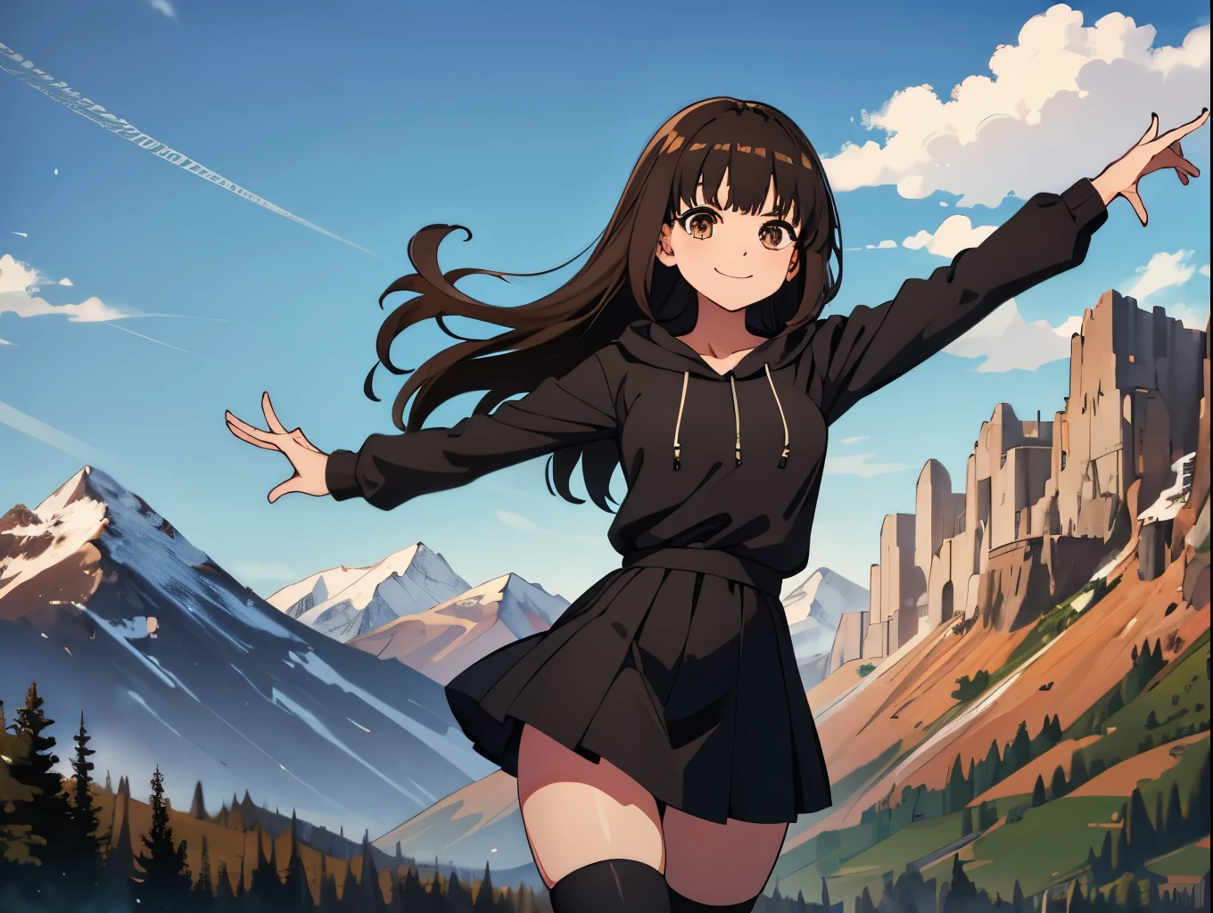 Solo Woman, long hair curtain bangs, brown eyes, black hoodie, black skirt, thigh highs, smiling, dance pose, meadow setting, forest, mountains