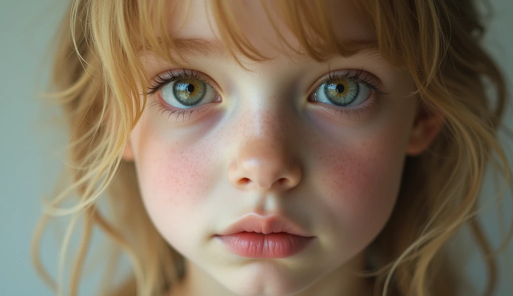 a girl with blonde long hair blue eyes white pale skin red lips button nose very long black eyelashes big plump lips freckles all over the face with two pigtails and bangs