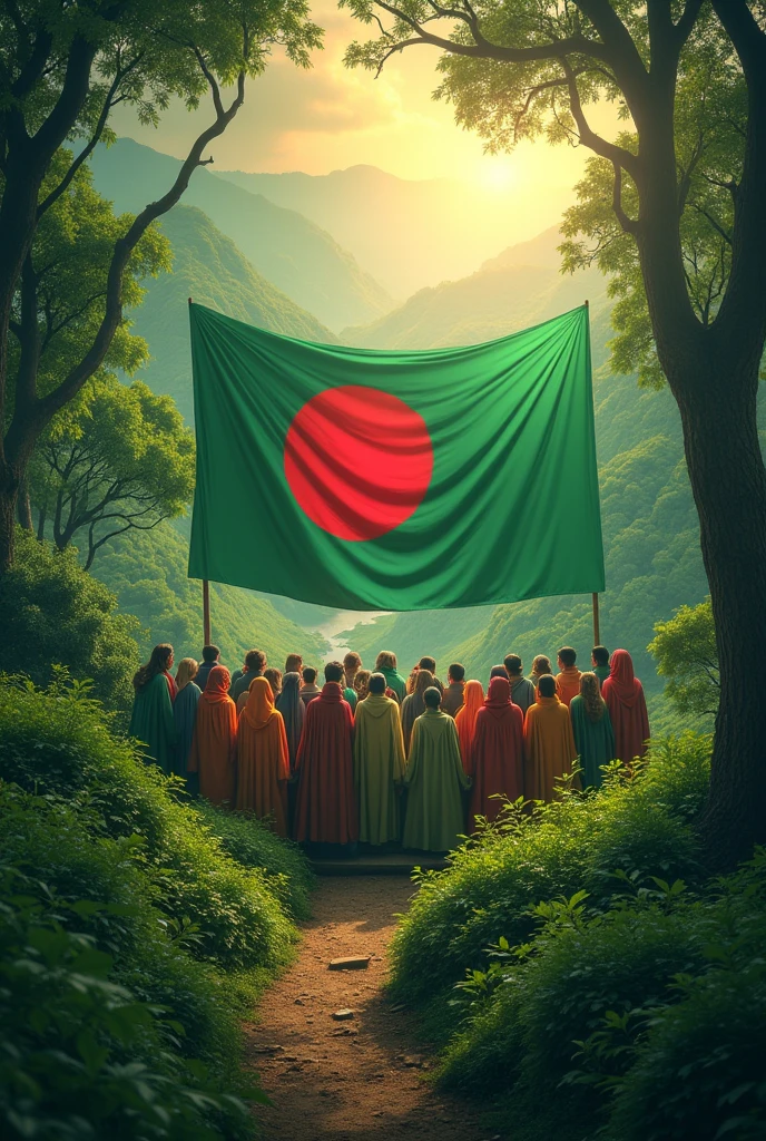 Bangladeshi map being protected surrounding by many Bangladeshi people saree borka three pieces shirt-pant panjabi lungi etc