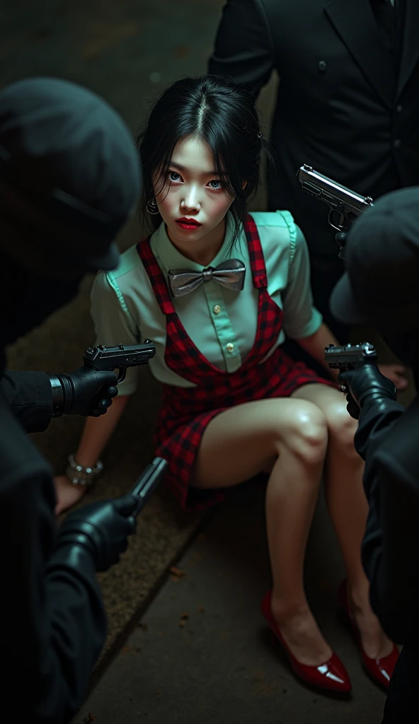 A cover image of a woman in a Thai student uniform fighting fiercely against a horde of zombies wearing different clothing. Blood is splattered, and a baseball bat is hit on the head of the zombies. She is wearing tattered clothes. The scene is dark and atmospheric, with a realistic and fierce style. The background image conveys modern-day Thailand, and a Thai tuk-tuk is also included in the image.