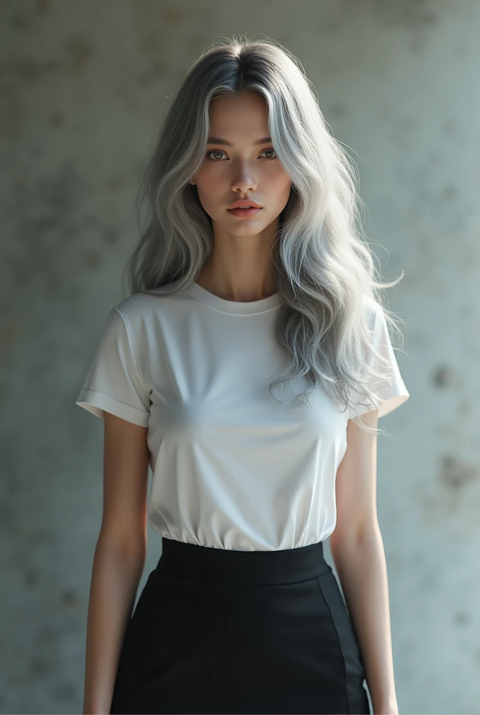 realistic photoshoot , pretty girl, one girl, attractive whitish light blue eyes, teenager, silver hair, Koko jormungand, business clothing, skirt, realistic photograph, NSFW