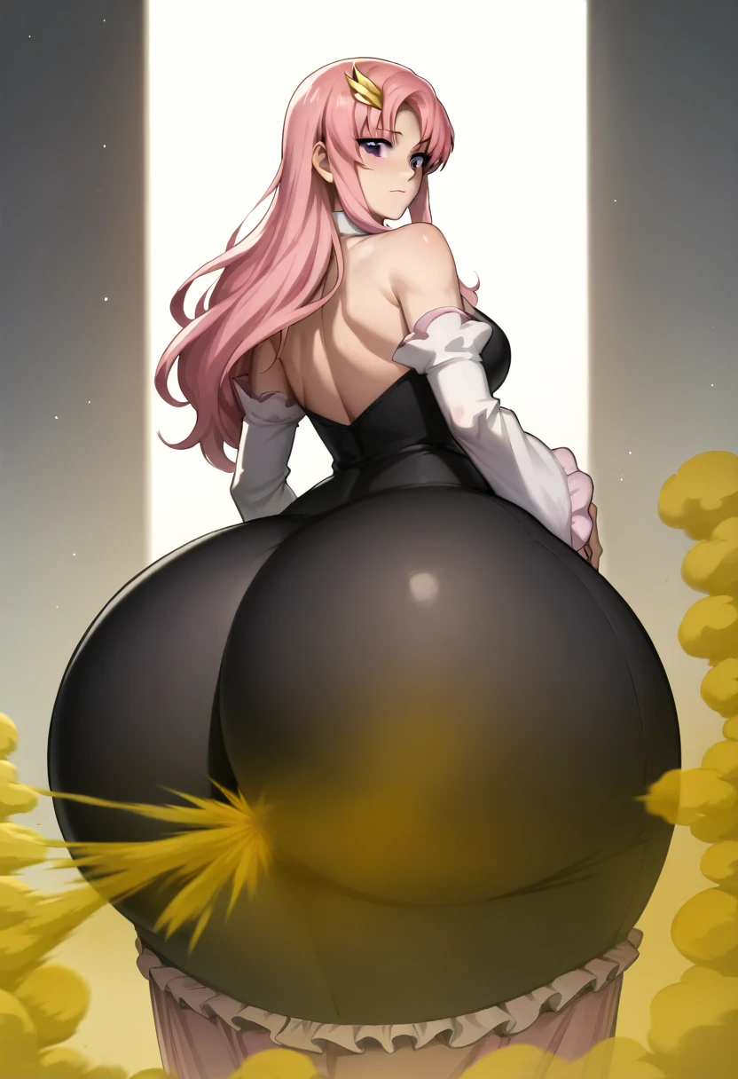 Highest quality, masterpiece, High Resolution, 1 girl, lacus clyne, purple eyes, hair ornament, long hair, wave hair ornament, pink hair,, Ass, hyper Ass, huge Ass, big ass, wide hip, fart, farting, yellow_smoke, yellow_gas, sprays, dress, long dress, long sleeves, white sleeves, frills frilled skirt, frilled sleeves, detached sleeves, bare shoulders, black bodysuit,