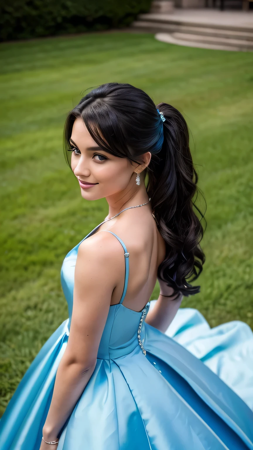 Realistic full body photo of a smiling, young brunette flower girl with long hair, ponytail hairstyle, She dances in front of the camera in a long A-line flower girl dress with straps made of shiny dark blue satin., Park,glamour fotoshooting, Wedding celebration, perfect anatomy, perfect brown eyes. Perfect hands with 5 fingers on each hand, Matching girl, looking at the camera, 1 girl. (Eye make up:1.1), (highly detailed skin:1.1), spirit, analog style, keen focus, 8K  UHD, dslr, good quality, Fujifilm XT3, Grain, Award-winning, ​masterpiece. Wedding celebration