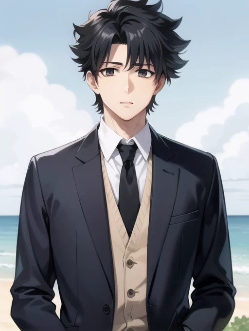 (Masterpiece:1.2, best quality:1.1, height,nonsense, High quality),(realistic:1.1) Emiya Kiritsugu, Anime, black eyes,black hair,Wear a black suit,Black tie