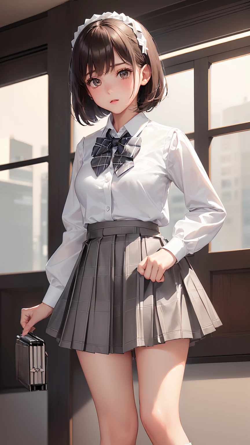 school_uniform, collared short sleeve shirt, white shirt, grey plaid pleated skirt, blue plaid bow tie, absurdres, RAW photo, extremely delicate and beautiful, masterpiece, Best Quality, ultra high resolution, 32k, hyperrealistic, ultra-detailed, detailed description, pale skin, 20 years old, tearful mole, earring, short medium hair, wavy hair, whole body shot,