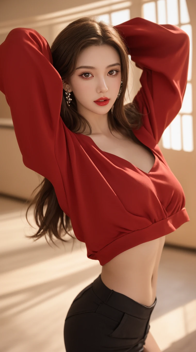 top-quality、Top image quality、​masterpiece、fully body photo、25 years old women, governess、Dark brown wavy middle hair、bangss、((Red Long Sleeve Knit、Beige flared skirt、Stockings))、 ((no-bra、Puffy nipple、((Flip the skirt))、Visible))、Sexy red panties、soft boob、Large breasts、high-heels、 cute smile face、stairs at school、Sit on the stairs with your legs open、((I can see all my panties、Rub your chest with both hands、Touching the crotch))