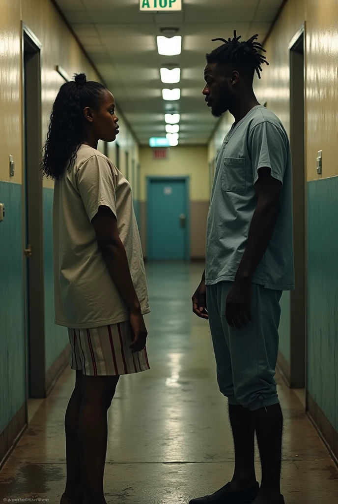 Two Black prisoners in orange jumpsuits telling secrets