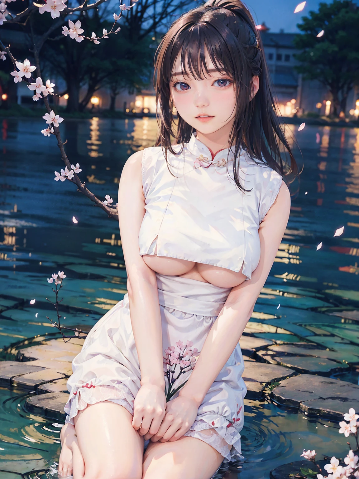 1 girl、(White Chinese Dress:1.2)、(RAW Photos、Highest quality)、(Genuine、Realistic:1.4)、masterpiece、Very delicate and beautiful、非常にdetailed、2k wallpaper、wonderful、detailed、非常にdetailed CGユニティ 8k 壁紙、非常にdetailed、High resolution、Soft Light、美しいdetailed女の子、非常にdetailed目と顔、美しいdetailed鼻、美しいdetailed特別な目、Cinema Lighting、City lights at night、Perfect Anatomy、Slender body、A light smile、close、(Long hair with bangs)、Large Breasts、Photograph the whole body、ponytail、I have a small bag、Cherry blossom petals in the background