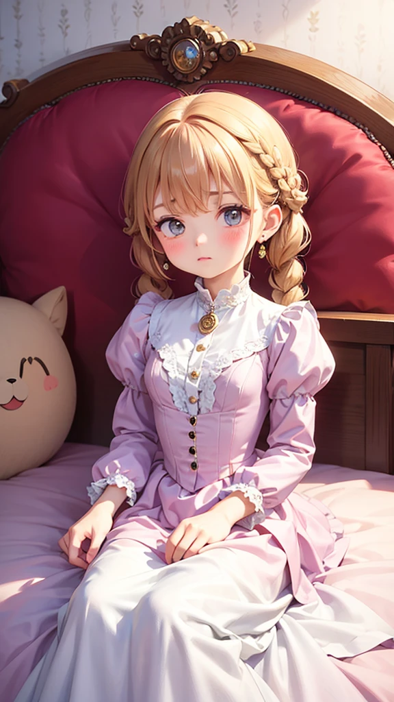 Victorian dress, masterpiece, cute, twin tails, blushing, earrings, neckless, long dress, laying down, Braid, 