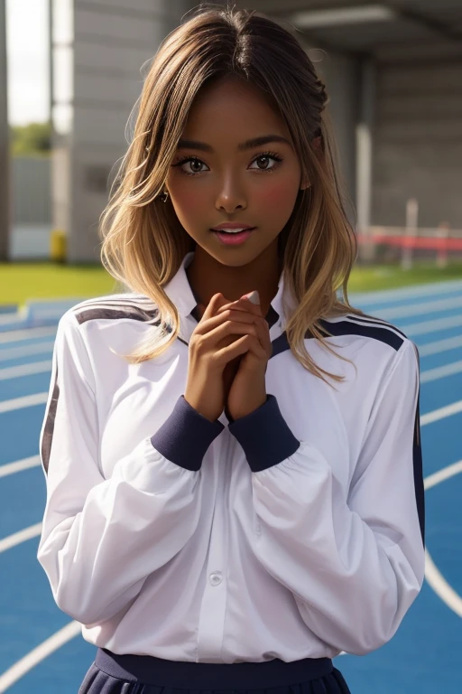 (((( one girl )))), Put your hand over your mouth、Beautiful breasts、 Brown eyes, ((Gal Hairstyles)) blonde, girl, (Eye and facial details:1.0), break, (masterpiece, Highest quality, Very detailed, Detailed face, 8k),( dark skin:1.9 ), (((( track and field uniform )))),( open mouth )