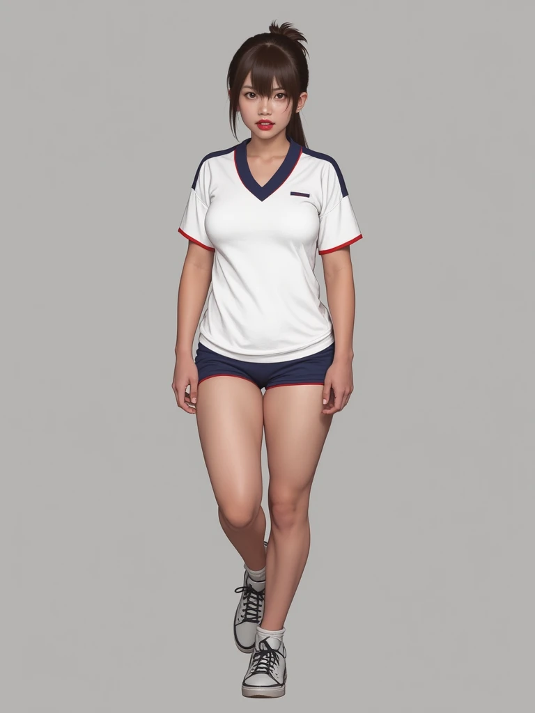 image split vertically in three, full body on the picture, standing chinese girl 25 years old, little breast, light green eyes, brown straight hair, red lipstick, underwear, white socks, white background