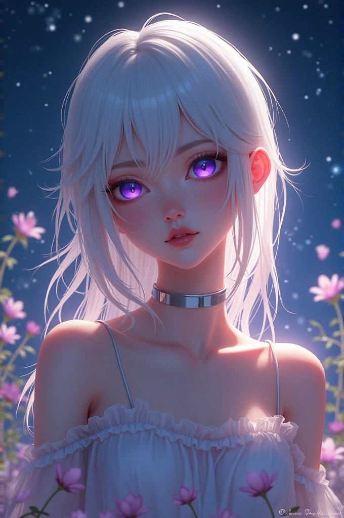 realistic, 1girl, white hair, purple eyes, glowing eyes, bikini, parted lips, blush, night, flowers, sun, sunlight,