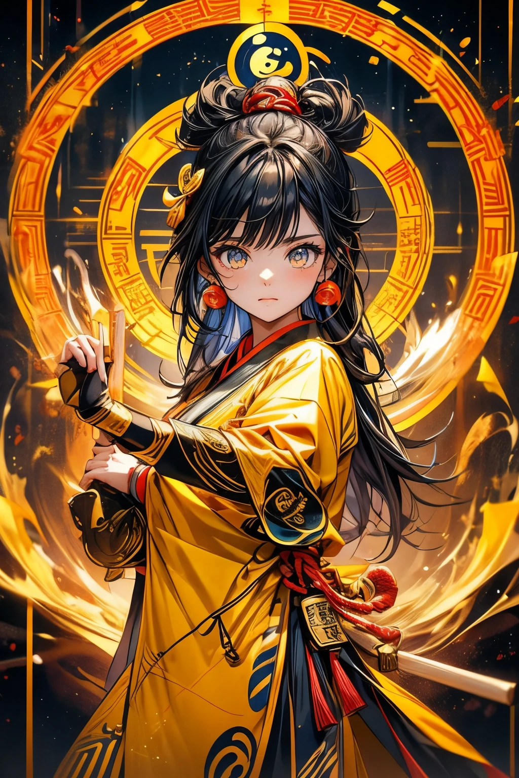 Beautiful Girl Spirit Taoist、Yellow Taoist Clothing、Bagua pattern（black）、symbol、Spell